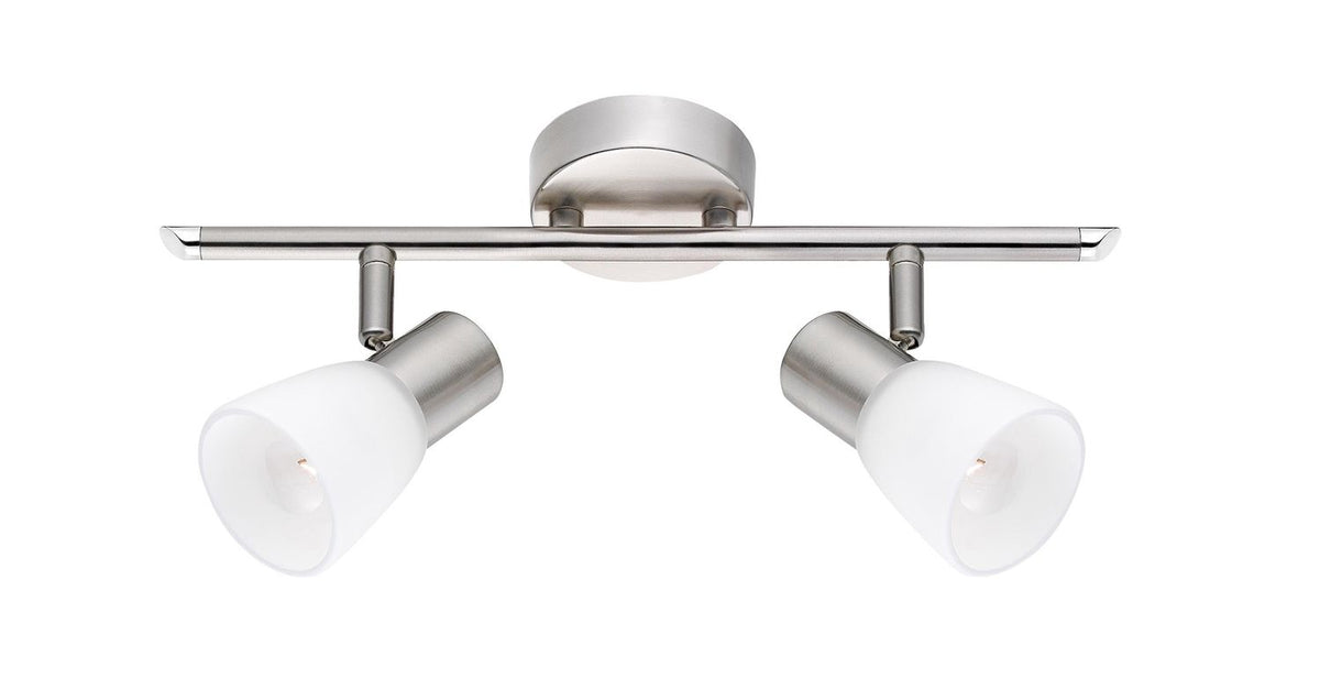 Produit de face sur fond blanc, plafonnier deux spots orientables en nickel et verre.