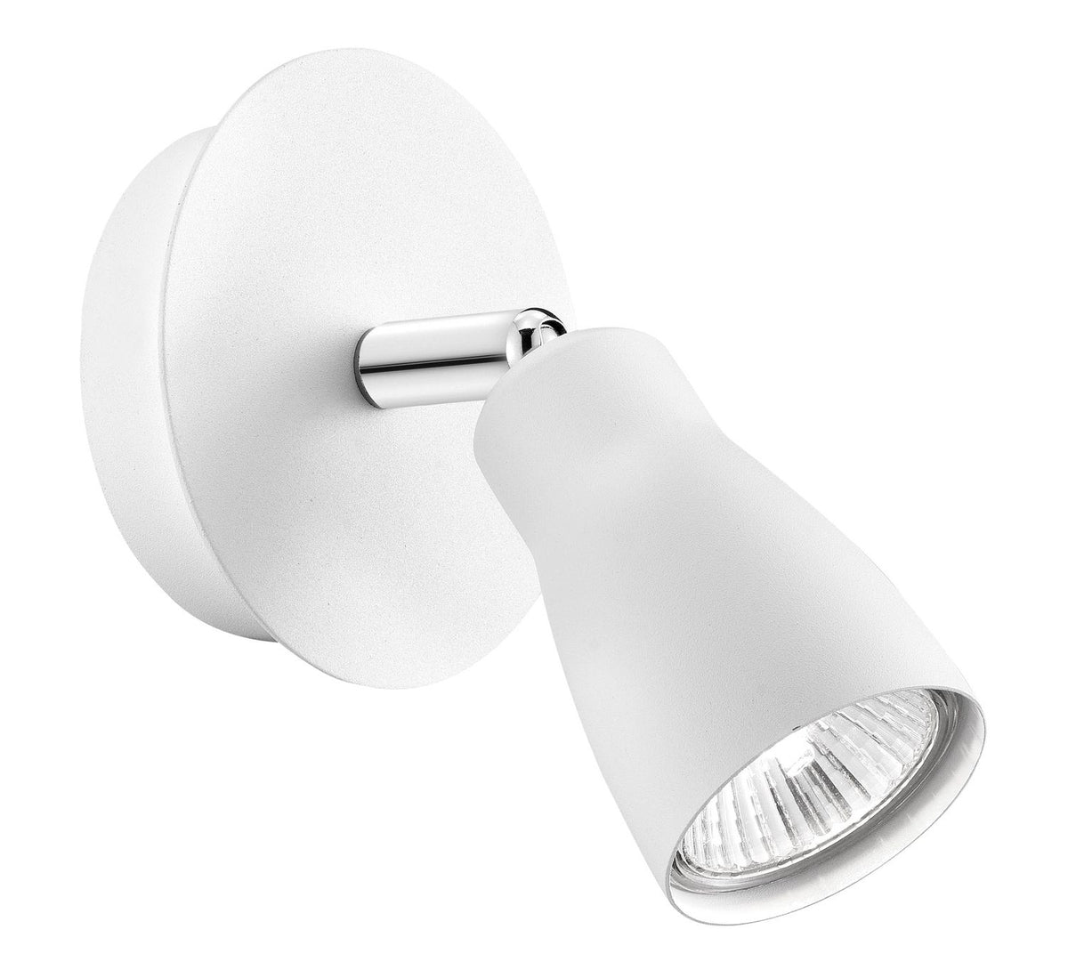 Spot blanc orientable avec base ronde et tête conique, vue de trois quarts.