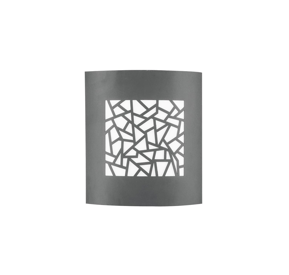 Applique murale extérieure grise de face, panneau cintré avec motif géométrique découpé