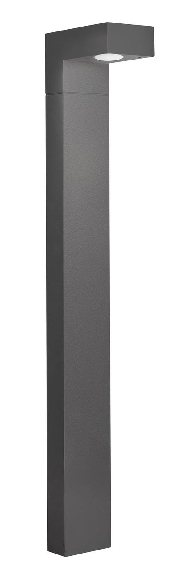 Vue produit sur fond blanc d'une borne grise à tête en L et diffuseur encastré.