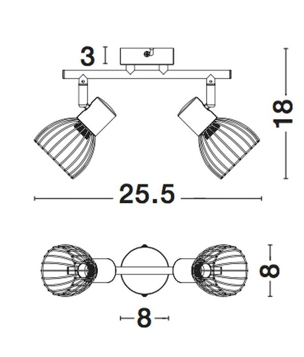 Schéma de dimensions du plafonnier : largeur 25,5 cm et hauteur 18 cm.
