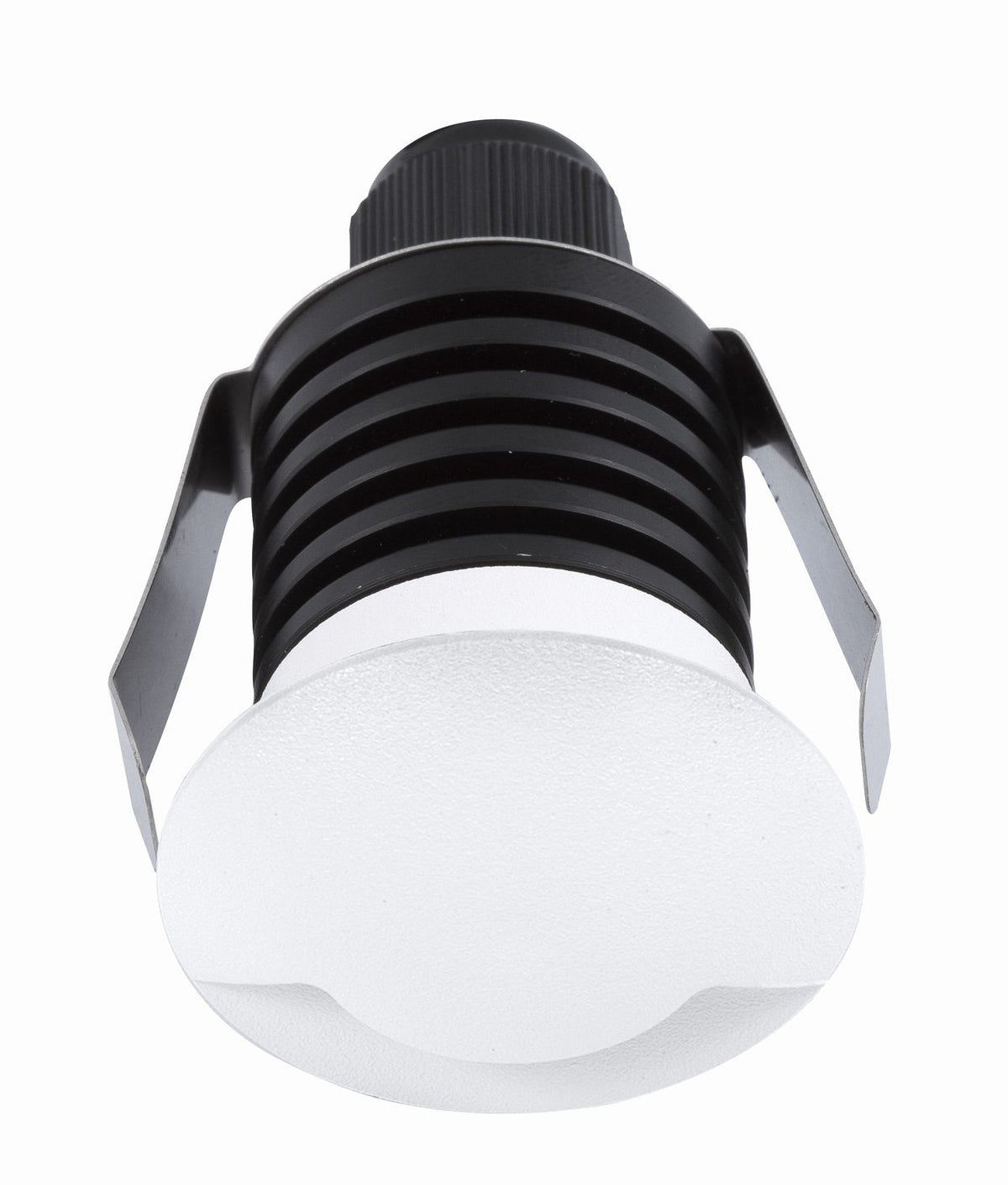 Vue rapprochée du spot encastré blanc, corps noir nervuré et ressorts de fixation.