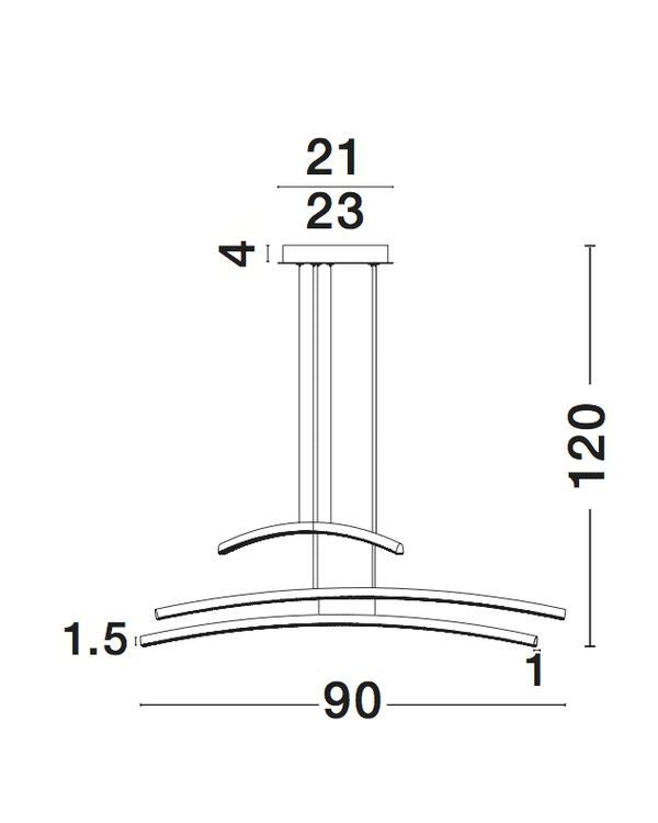 Schéma technique coté de la suspension avec dimensions en centimètres et hauteur.