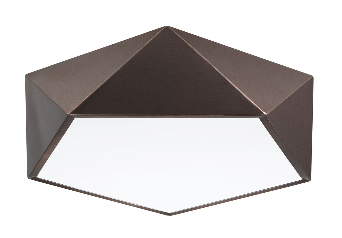 Autre angle du plafonnier marron, structure géométrique et verre opalin.
