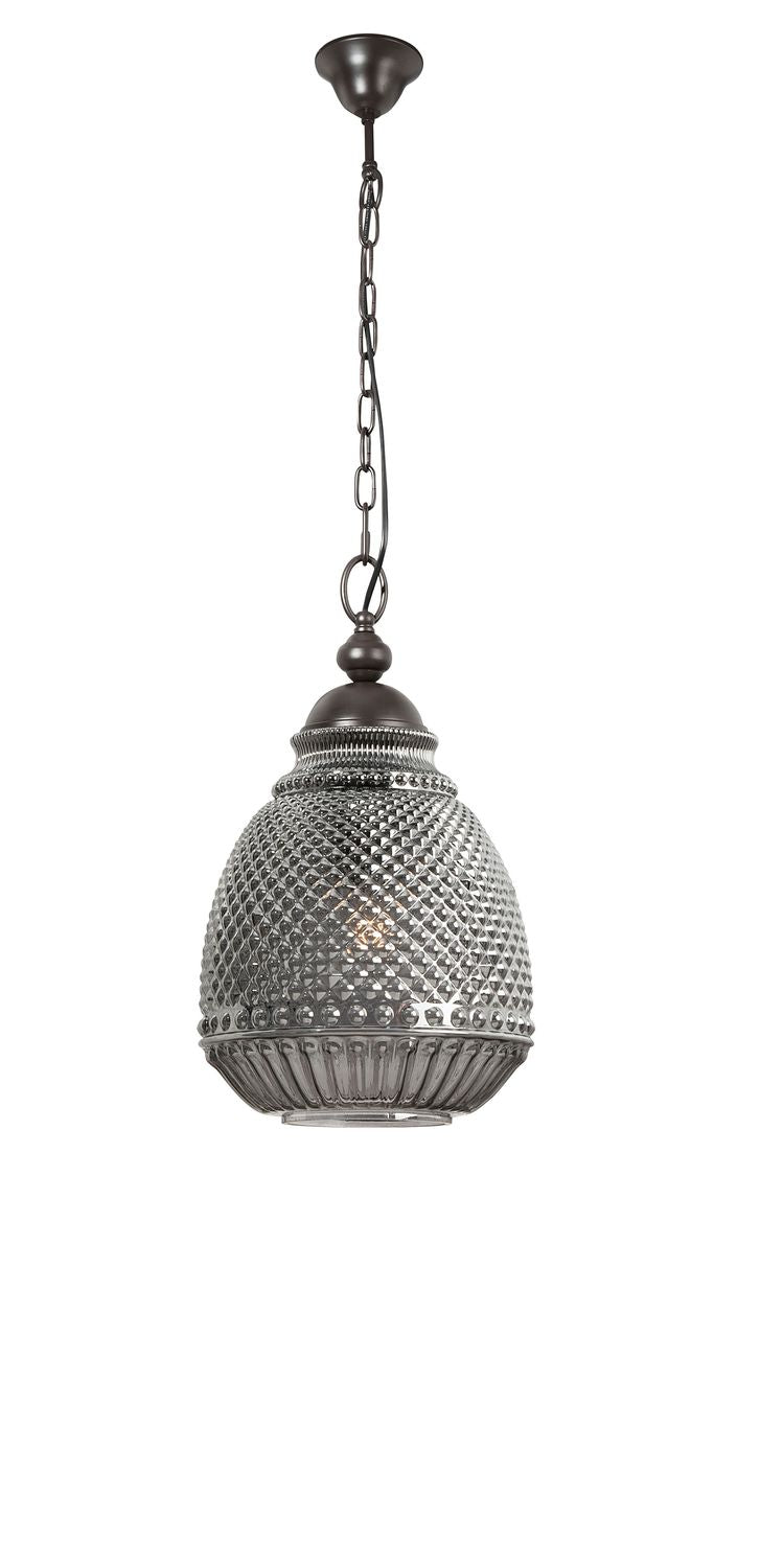 Vue de face de la suspension avec chaîne, verre fumé et motif losangé