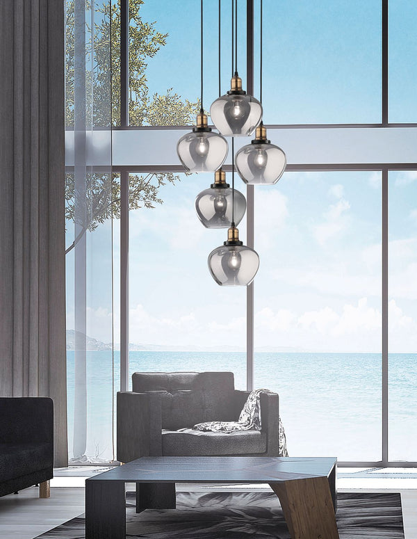 Suspension Cedro 5 lumières noire, verre