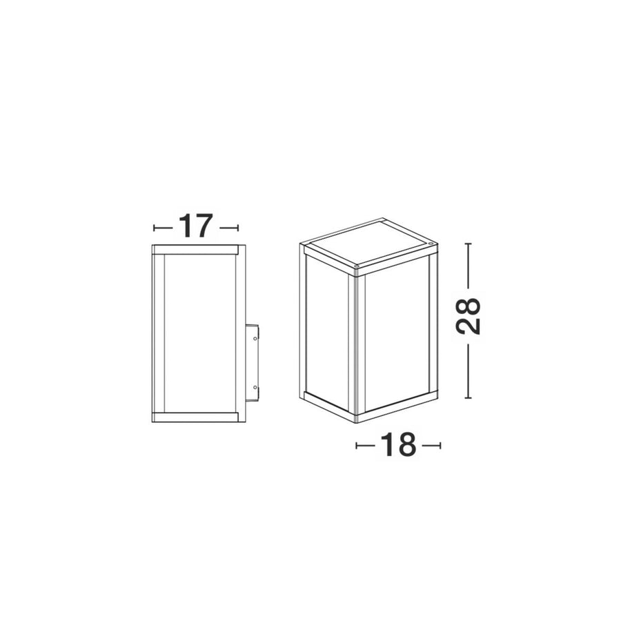 Schéma technique coté du luminaire : largeur 17, profondeur 18, hauteur 28