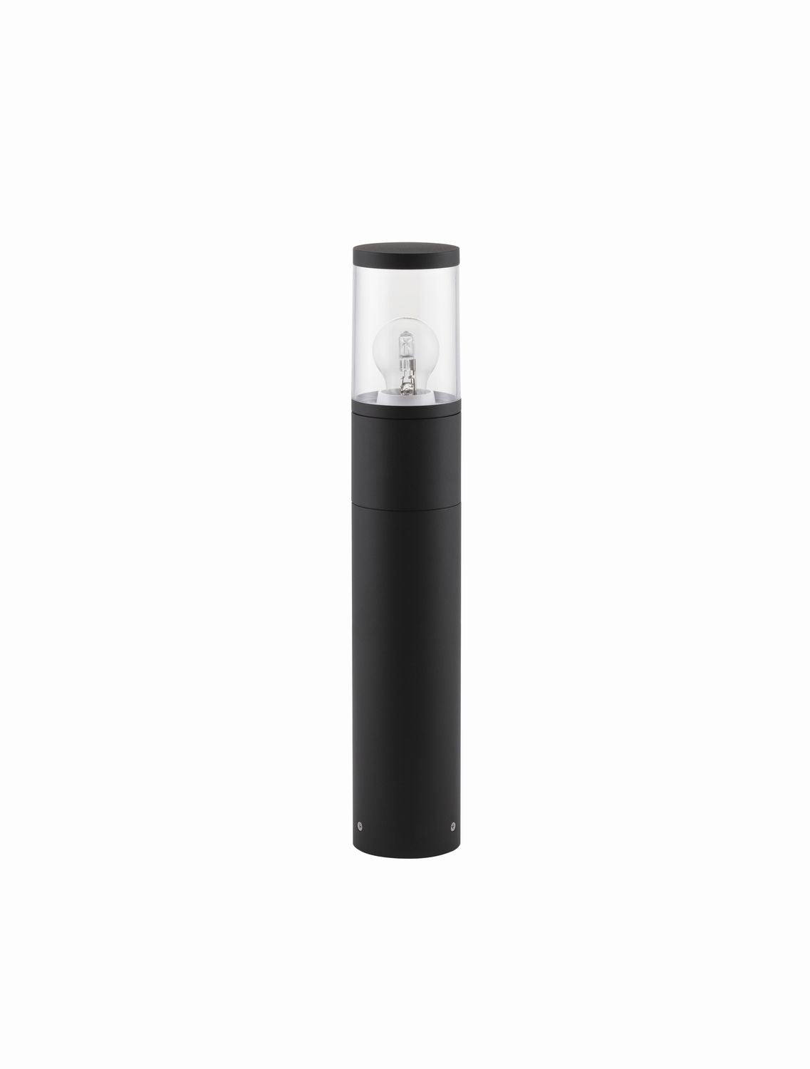 Vue de face du luminaire noir sur fond blanc, ampoule éteinte dans cylindre transparent