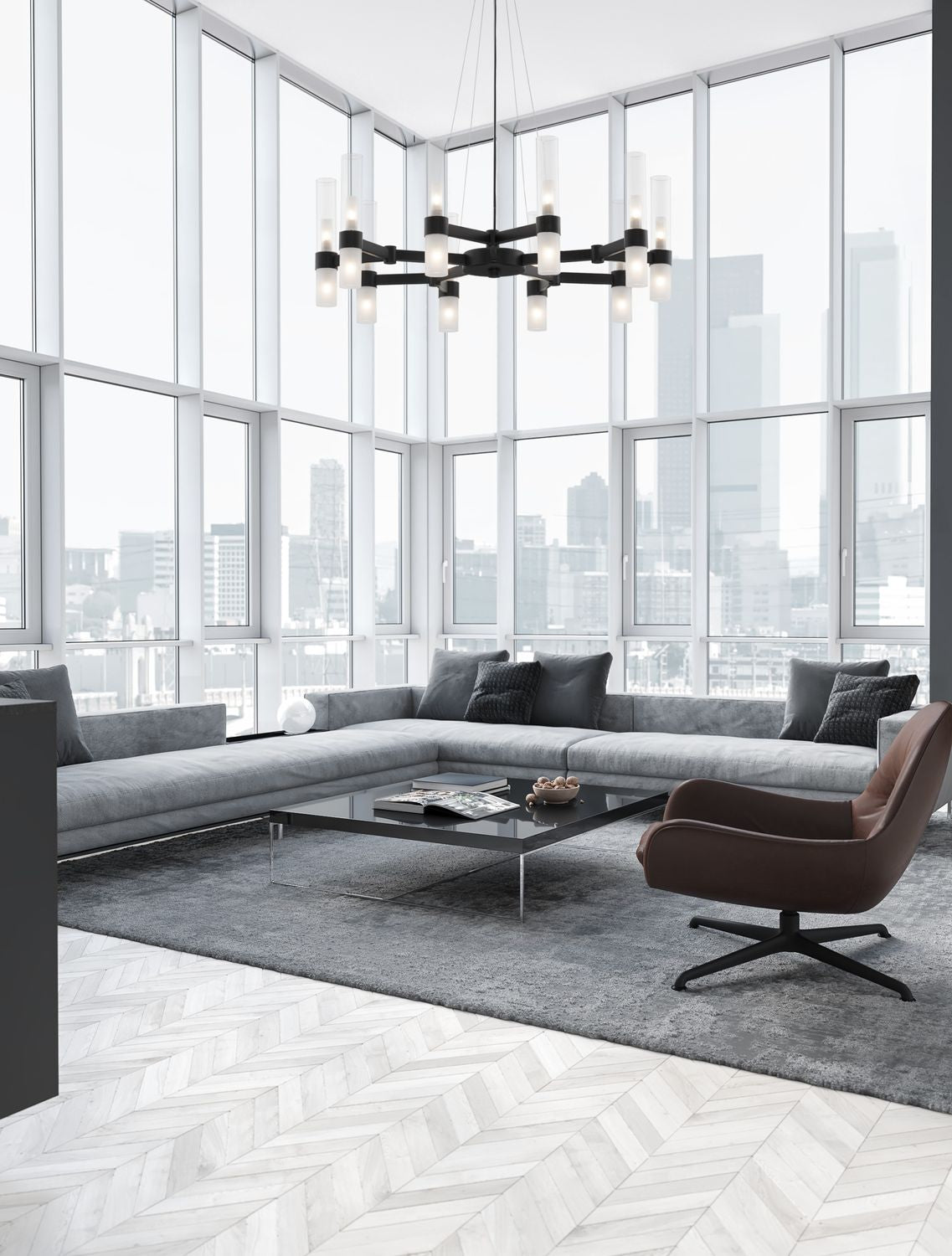 Suspension Century 12 lumières noire, verre