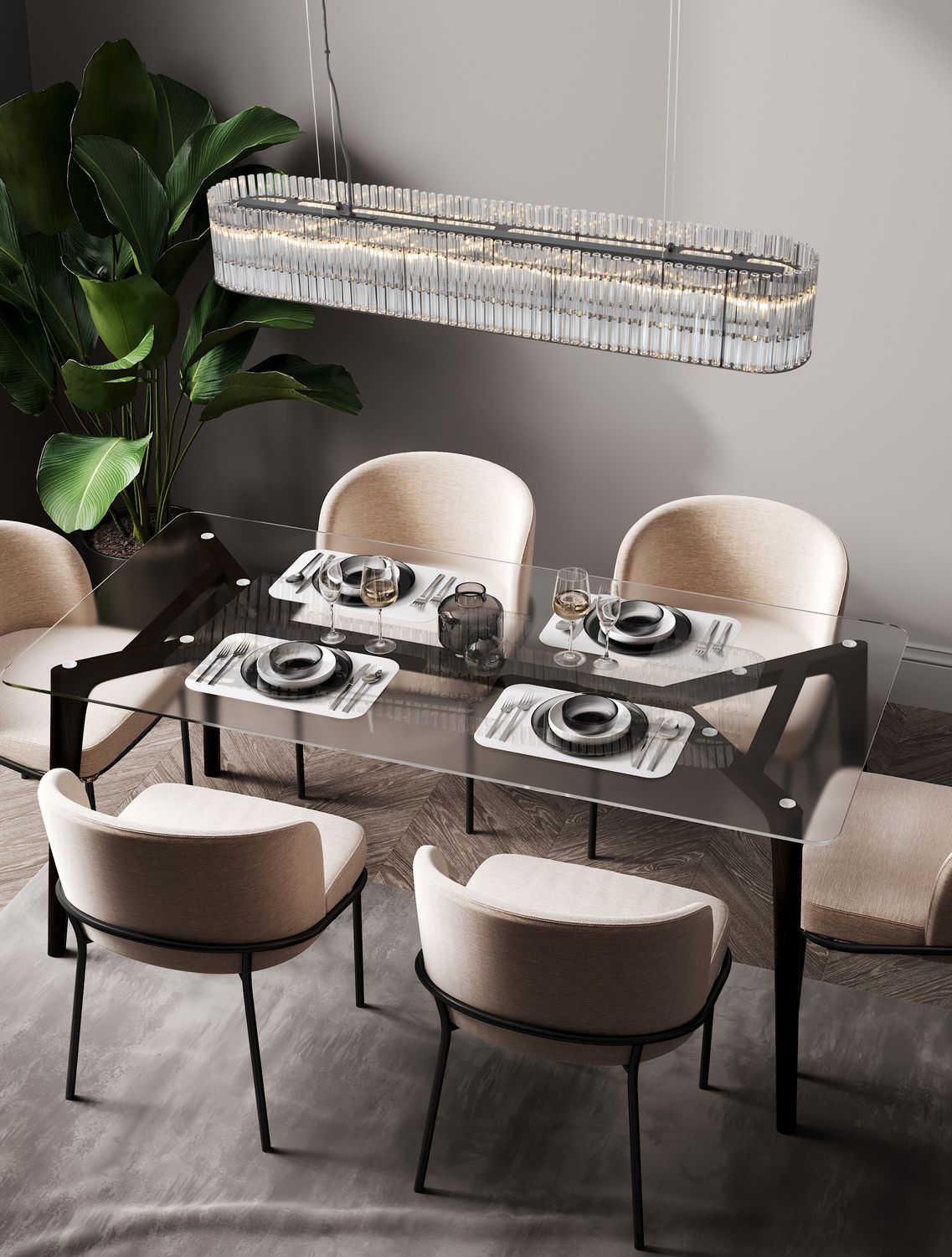 Suspension allumée au-dessus d'une table à manger en verre, ambiance intérieure moderne