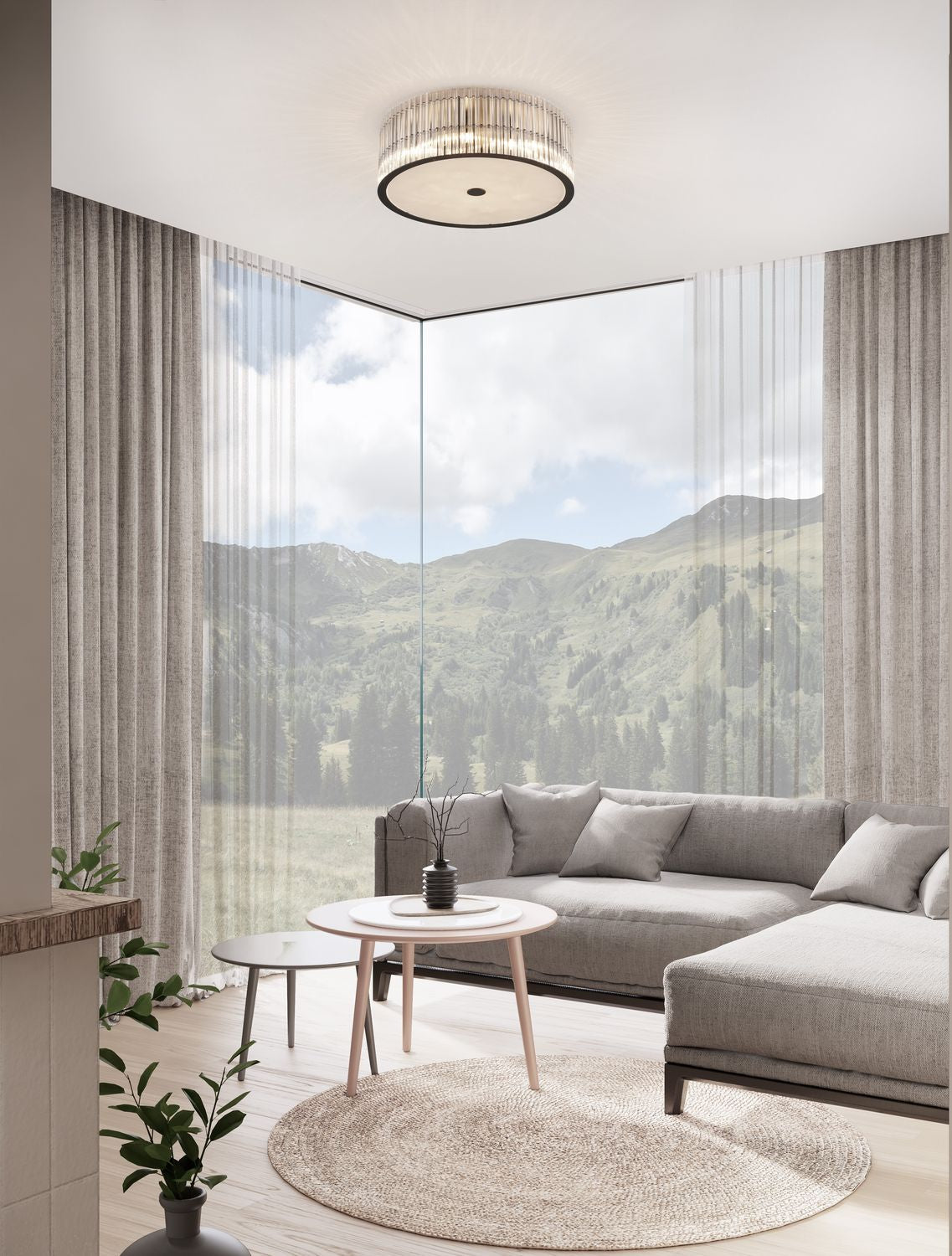 Plafonnier installé au plafond d'un salon moderne, vue en mise en ambiance.