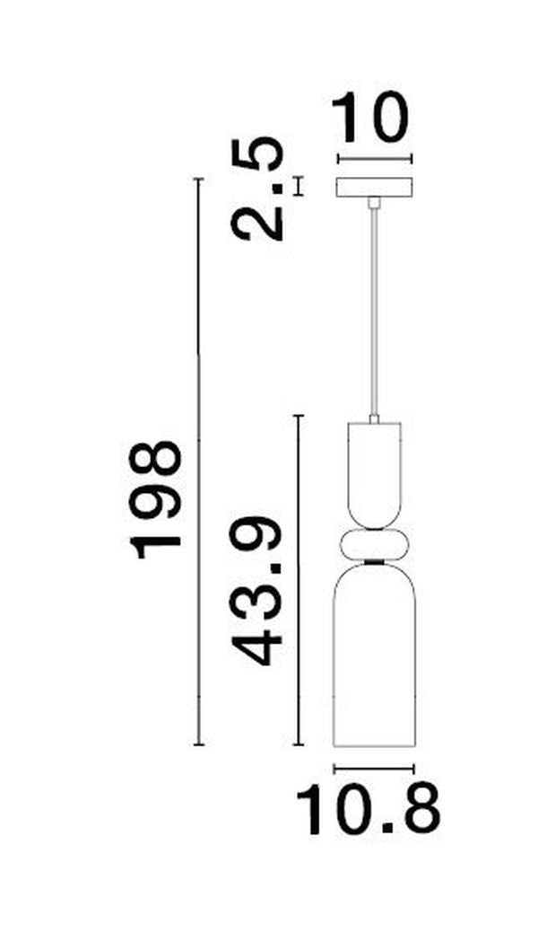 Schéma technique avec dimensions : 198 cm, 43,9 cm, 10,8 cm et diamètre fixation.