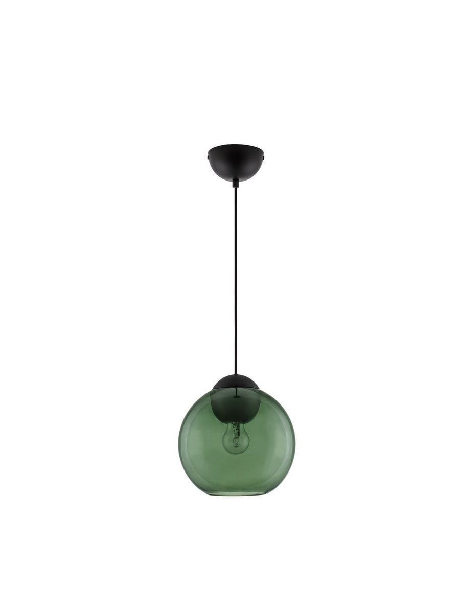 Vue d'ensemble sur fond blanc du luminaire suspendu avec sa sphère verte
