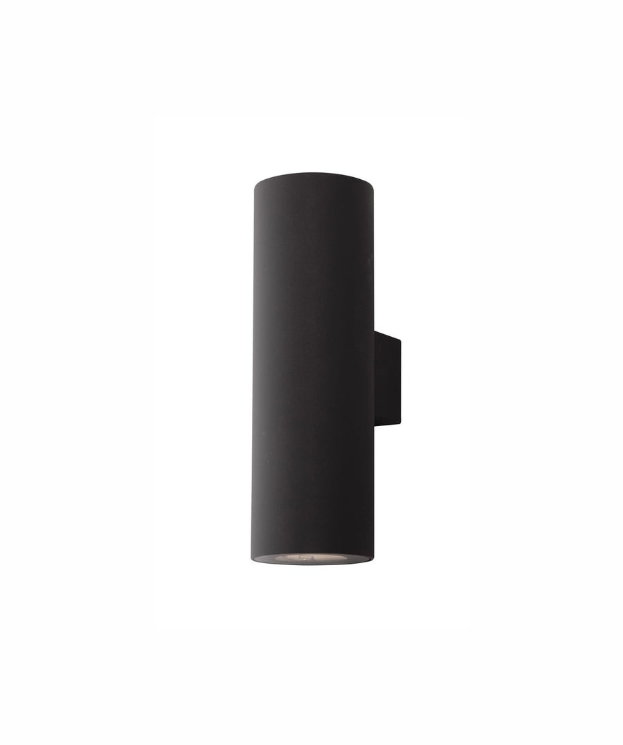 Applique murale noire vue de face sur fond blanc, corps cylindrique mat