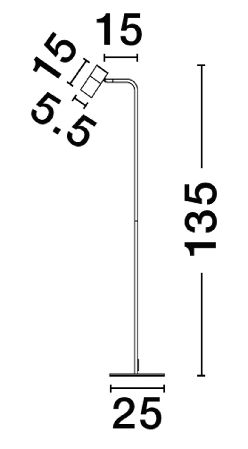 Schéma coté du luminaire : hauteur 135 cm, base 25 cm de diamètre.