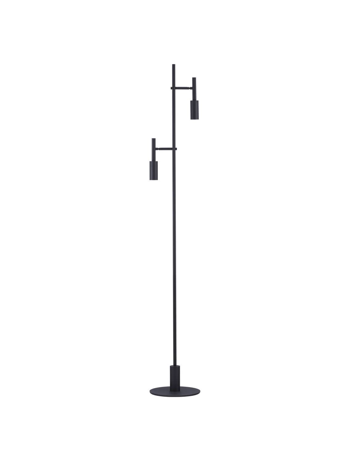 Vue de face du lampadaire entier sur fond blanc, tige verticale et deux spots