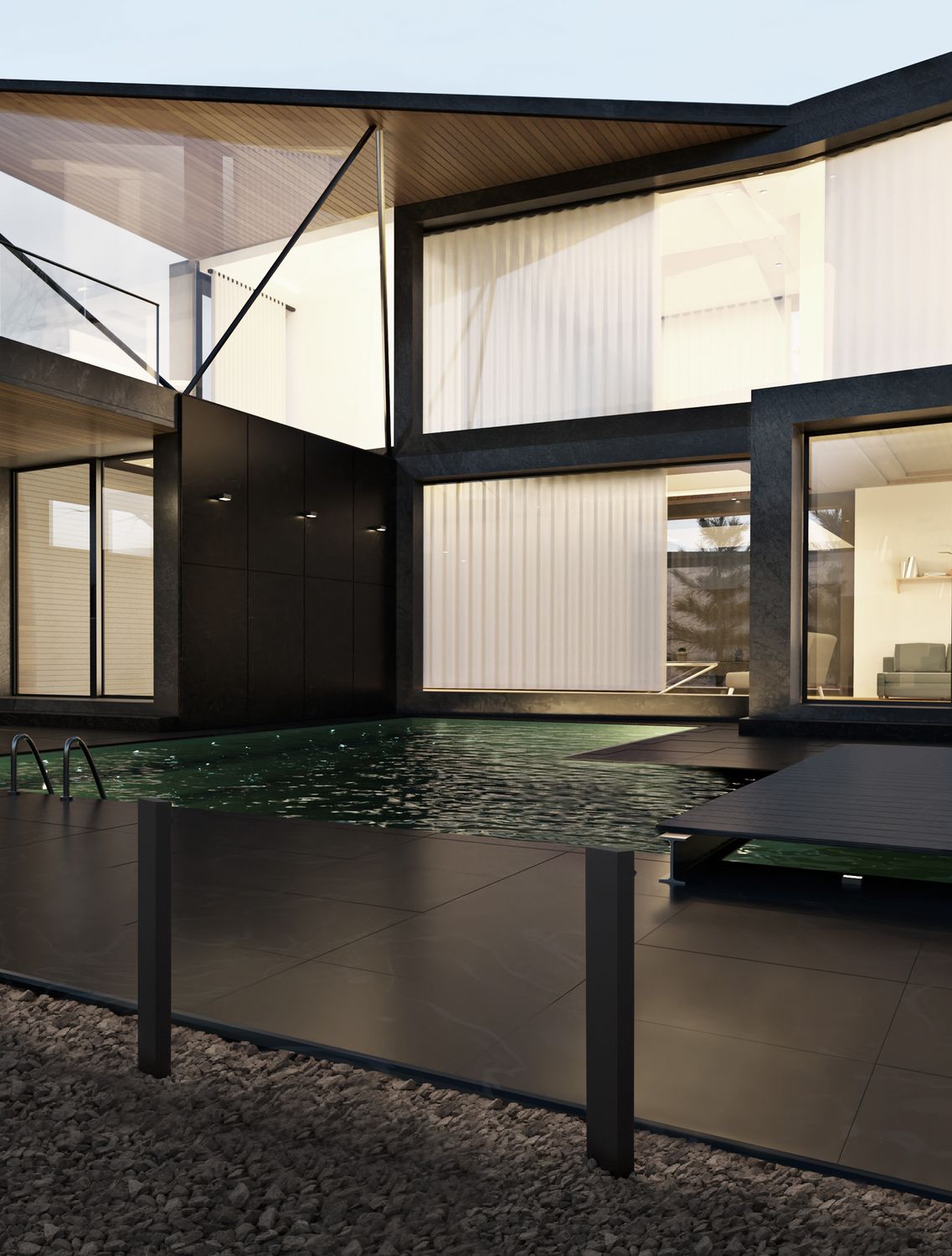 Borne noire installée au bord d'une piscine, terrasse extérieure contemporaine au crépuscule