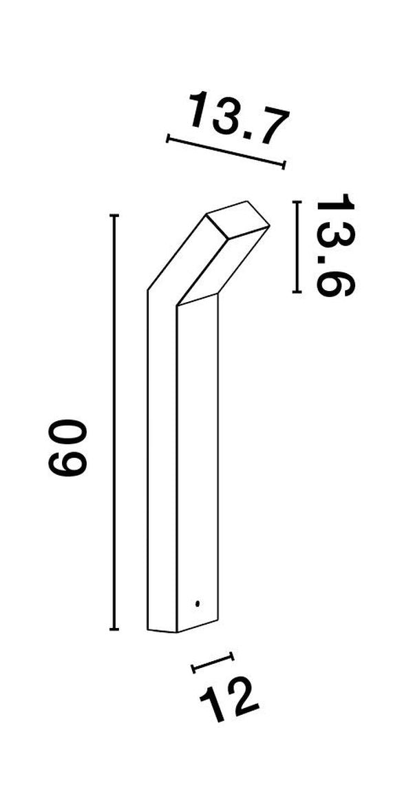 Schéma coté de la borne : hauteur 60 cm, largeur 13,7 cm, profondeur 12 cm.