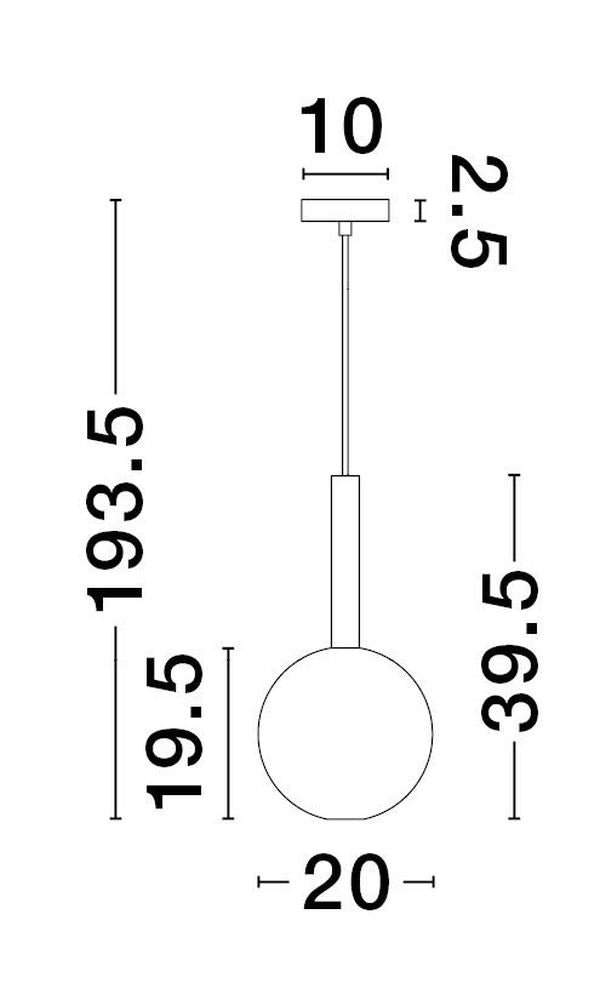 Schéma technique coté avec les dimensions de la suspension et du globe.