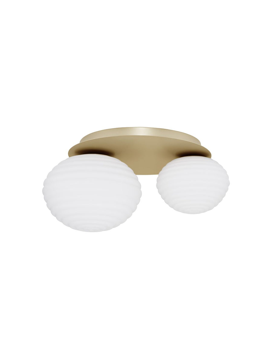 Vue de face du plafonnier deux lumières, verre blanc et support doré