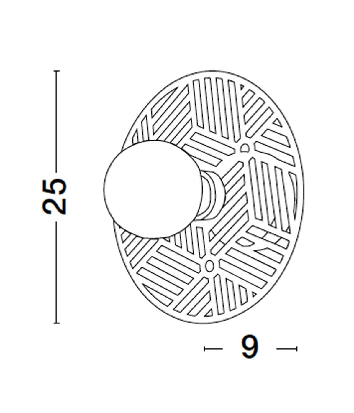 Schéma coté de l'applique indiquant 25 cm de hauteur et 9 cm de profondeur