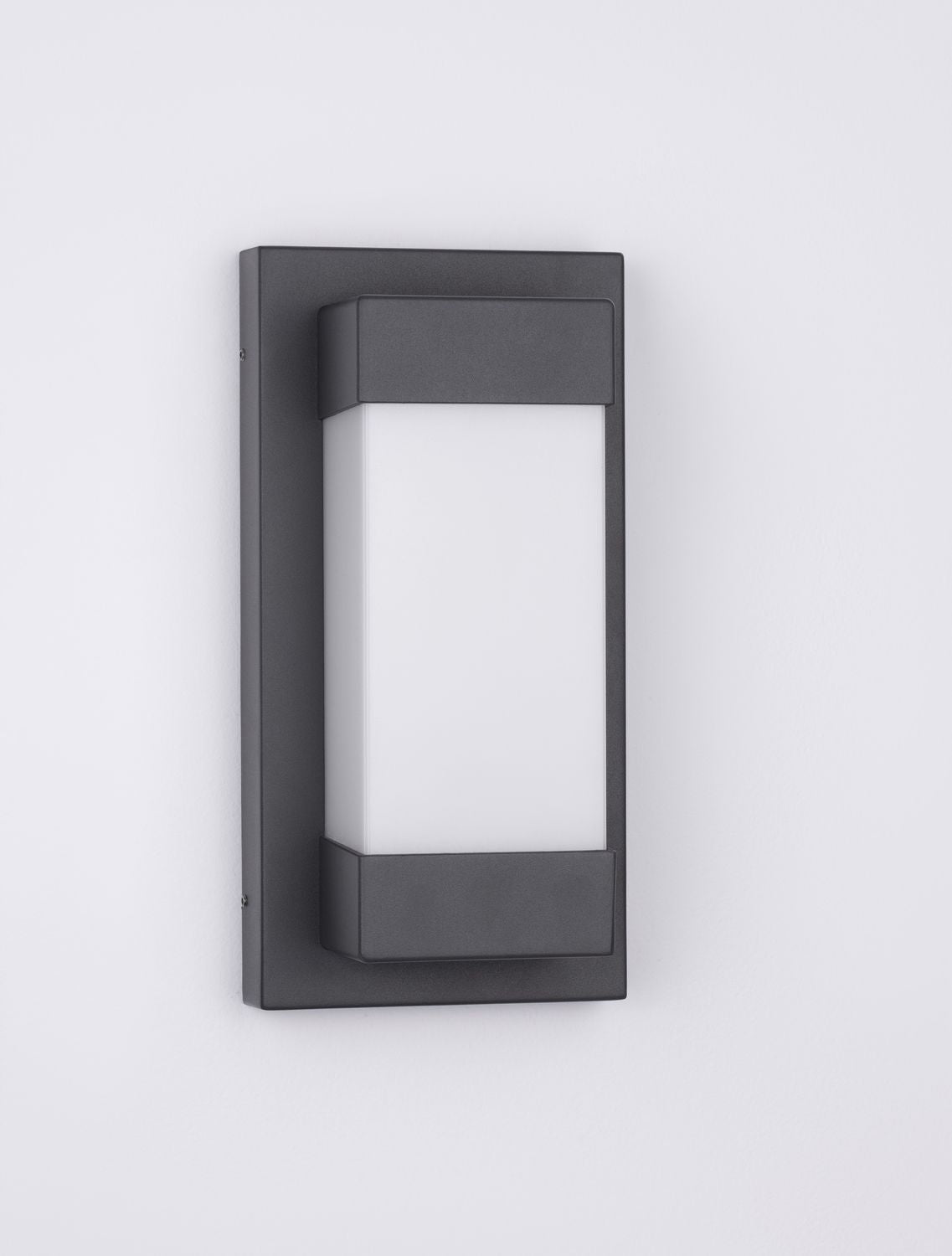 Vue de face sur fond gris, applique noire et diffuseur blanc opalin.