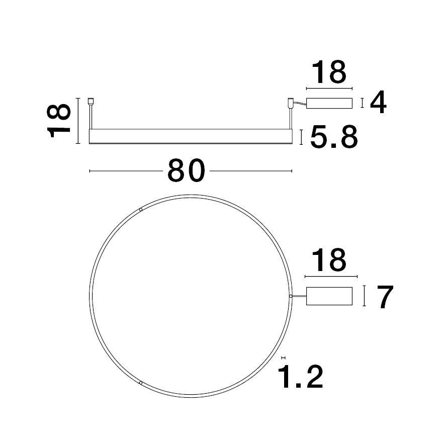 Schéma coté du luminaire avec diamètre 80 cm, hauteur 18 cm et épaisseur 5,8 cm.