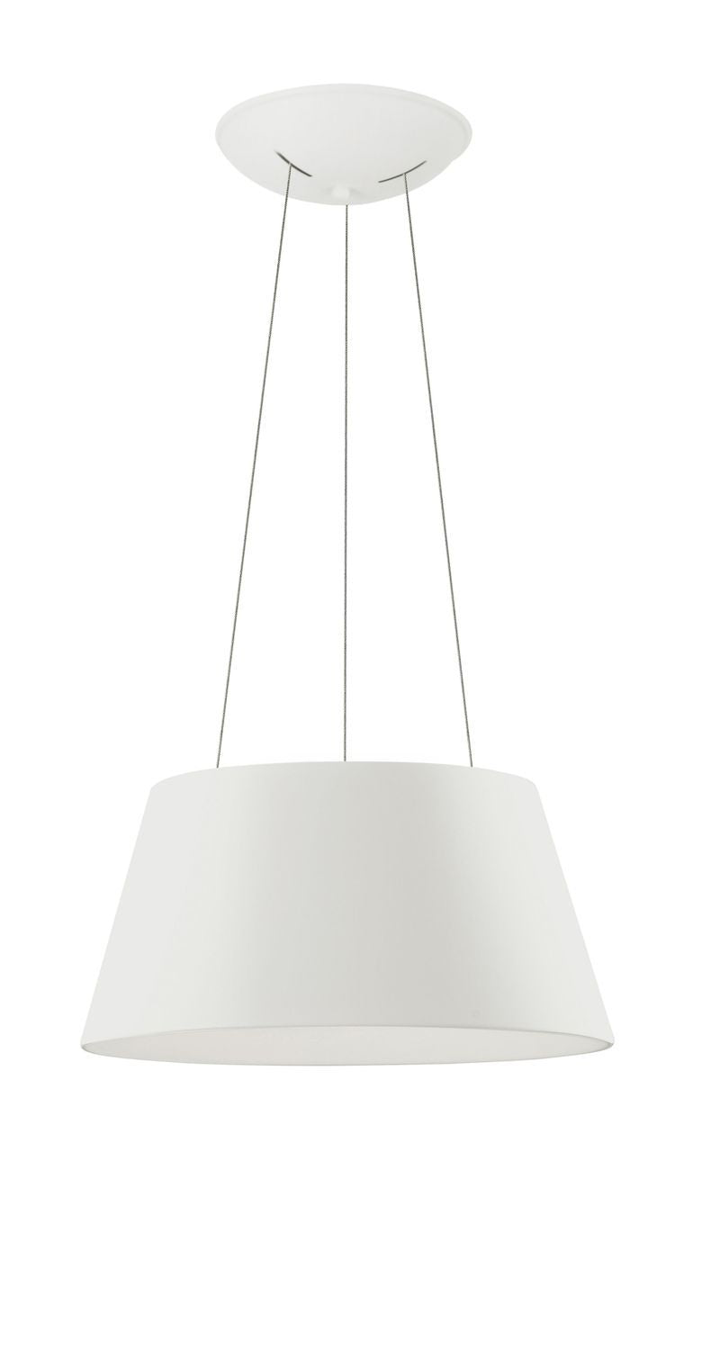 Suspension blanche de face avec câbles et rosace au plafond, sur fond clair.