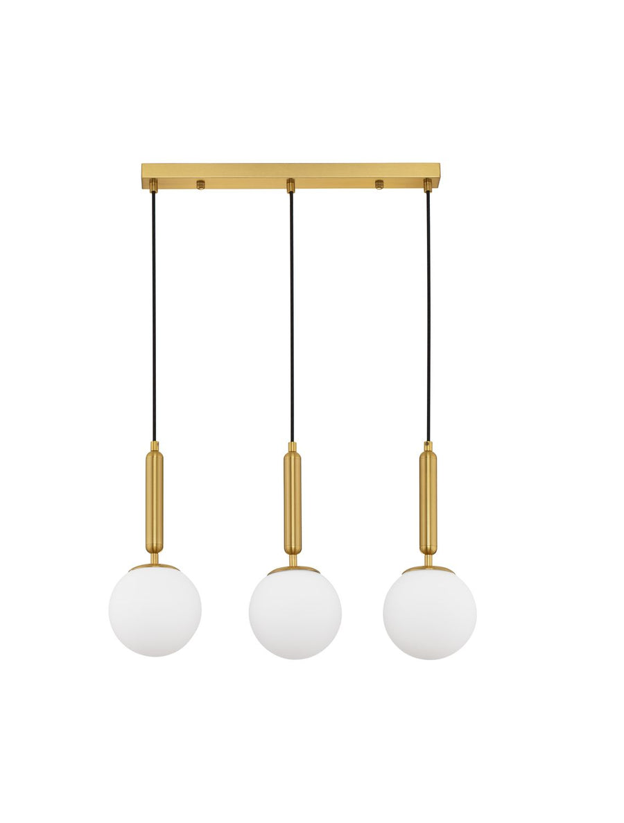 Vue de face du luminaire complet avec sa barre rectangulaire dorée sur fond blanc