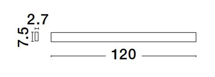 Schéma technique coté indiquant une longueur de 120 cm et une profondeur de 2,7 cm.