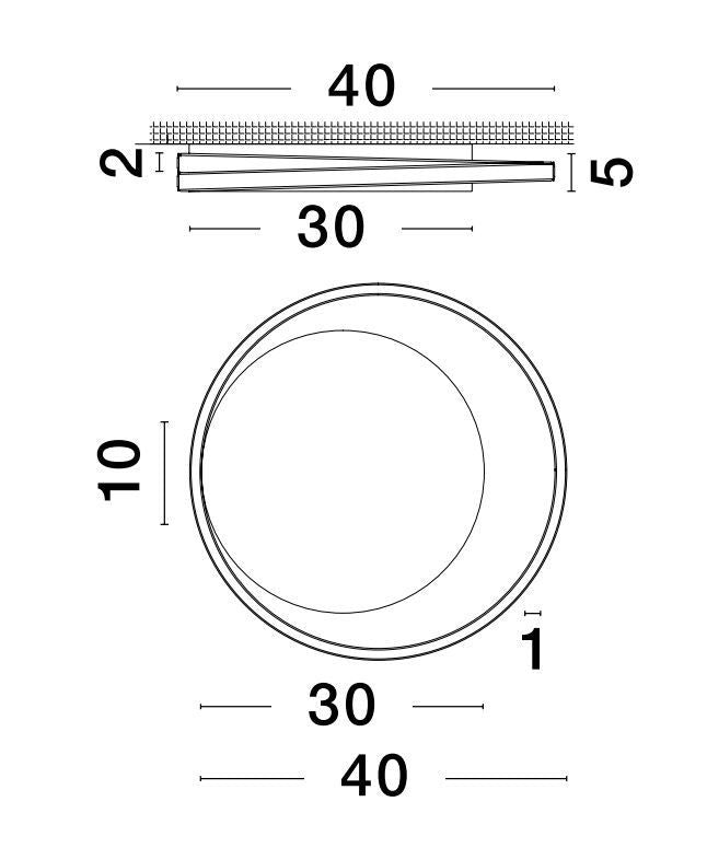 Schéma de dimensions du plafonnier : diamètre 40 cm, hauteur 5 cm.