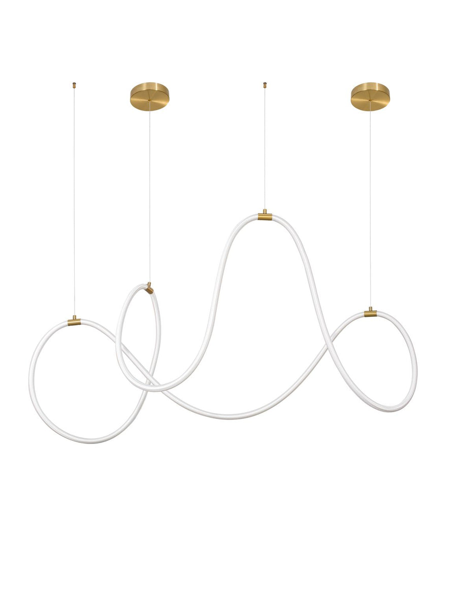 Vue de face du luminaire sur fond blanc, forme serpentine et câbles fins.