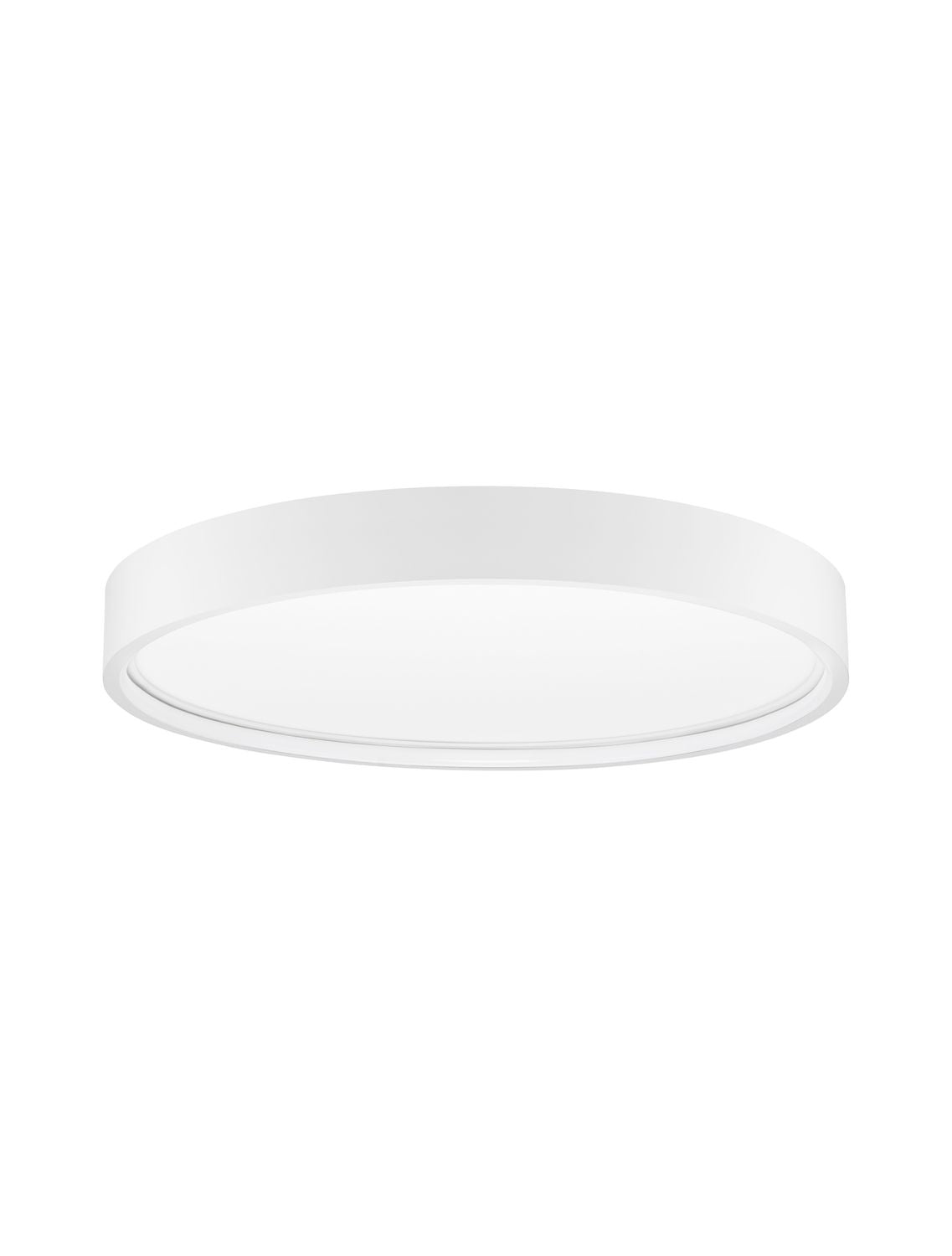 Plafonnier blanc circulaire vu de face, diffuseur opale et pourtour translucide sur fond blanc