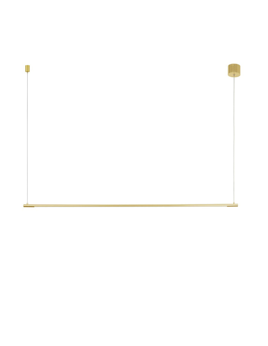Vue de face du luminaire complet sur fond blanc, tube horizontal et câbles