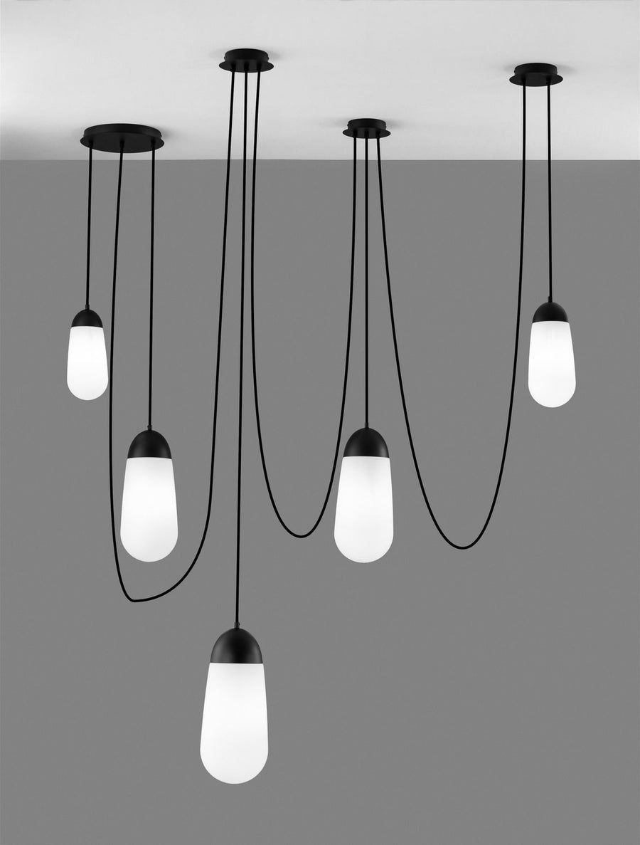 Suspension Blaky 5 lumières noire, verre, H 300 cm