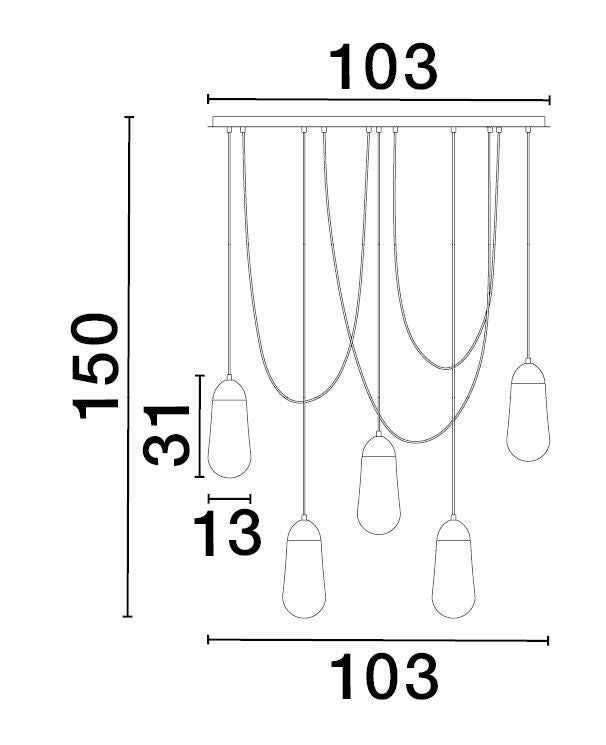Suspension Blaky 5 lumières noire, verre, H 150 cm