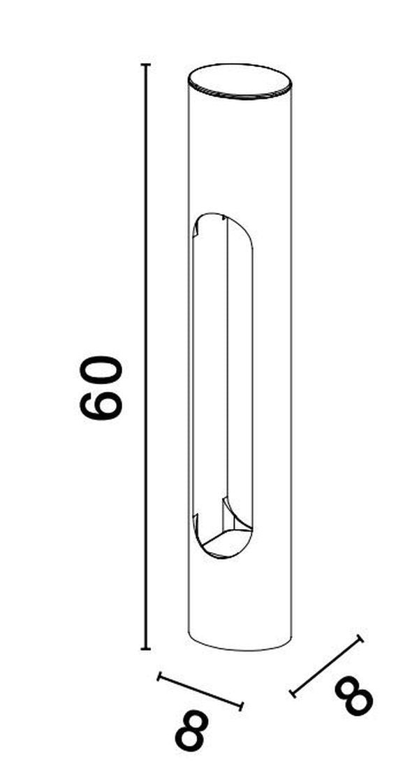 Schéma technique coté : hauteur 60 cm et diamètre 8 cm.