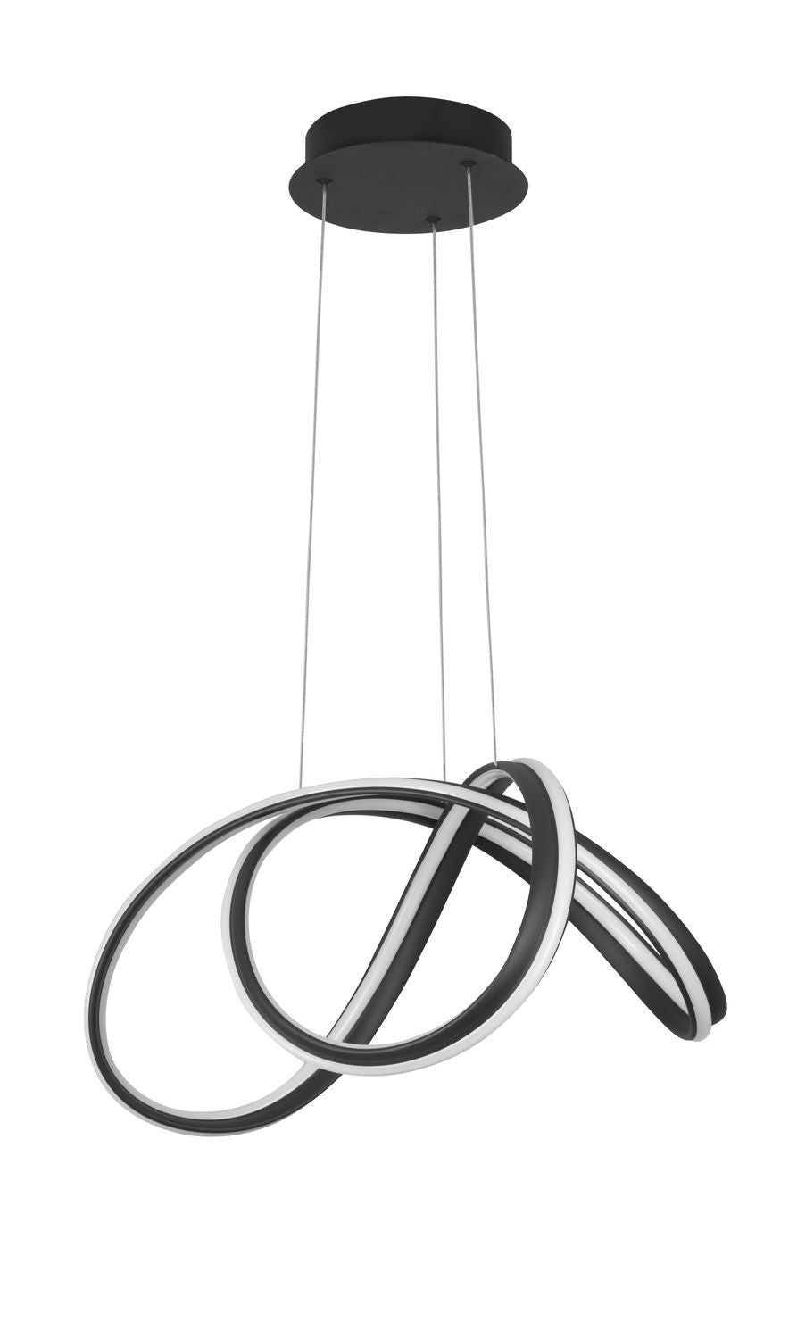 Vue de face du luminaire suspendu avec ses cercles noirs entremêlés et ses câbles