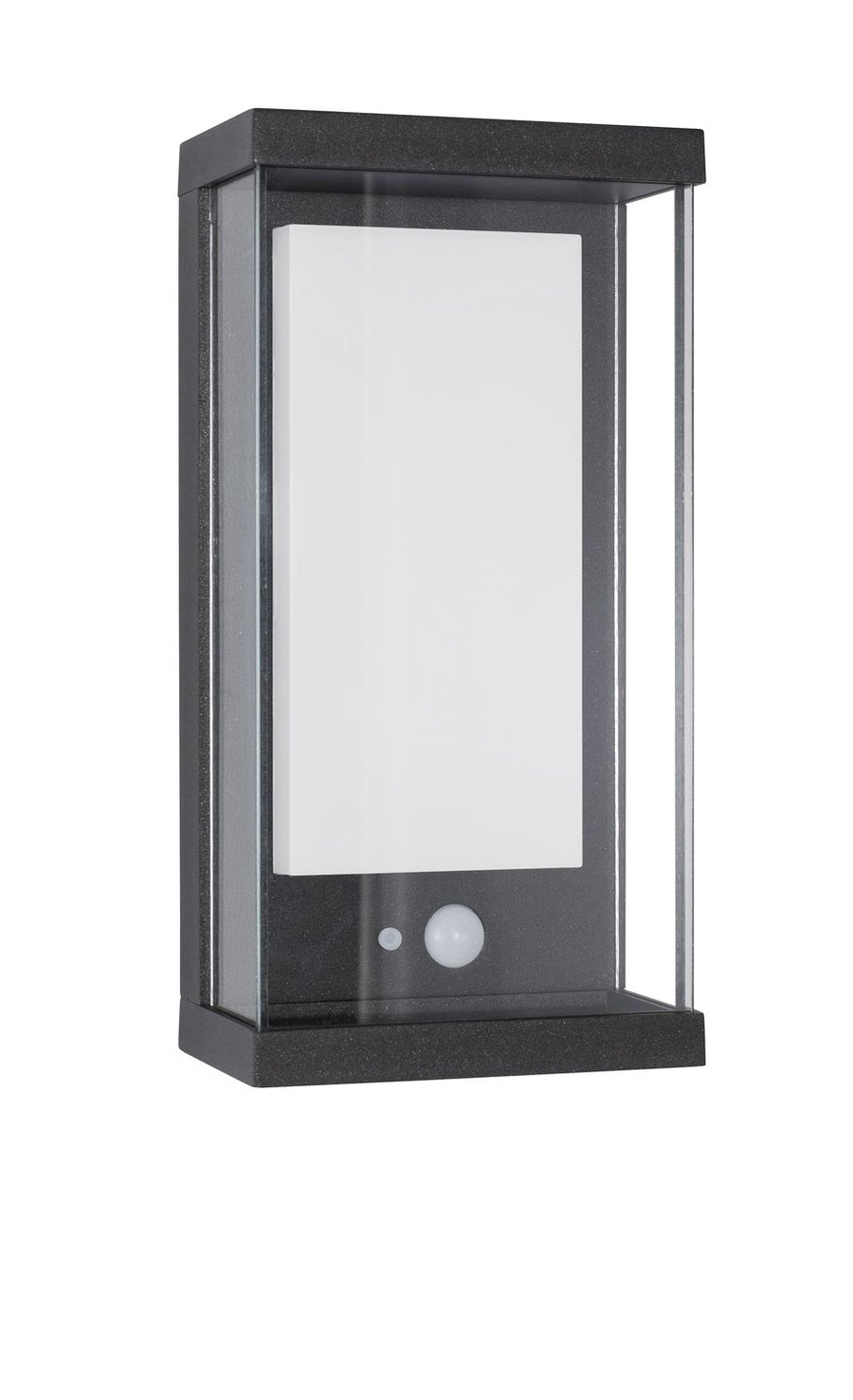 Vue de trois quarts du luminaire anthracite avec façade en verre et diffuseur blanc