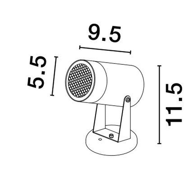 Schéma technique coté du projecteur, mesures 9,5 et 11,5 centimètres