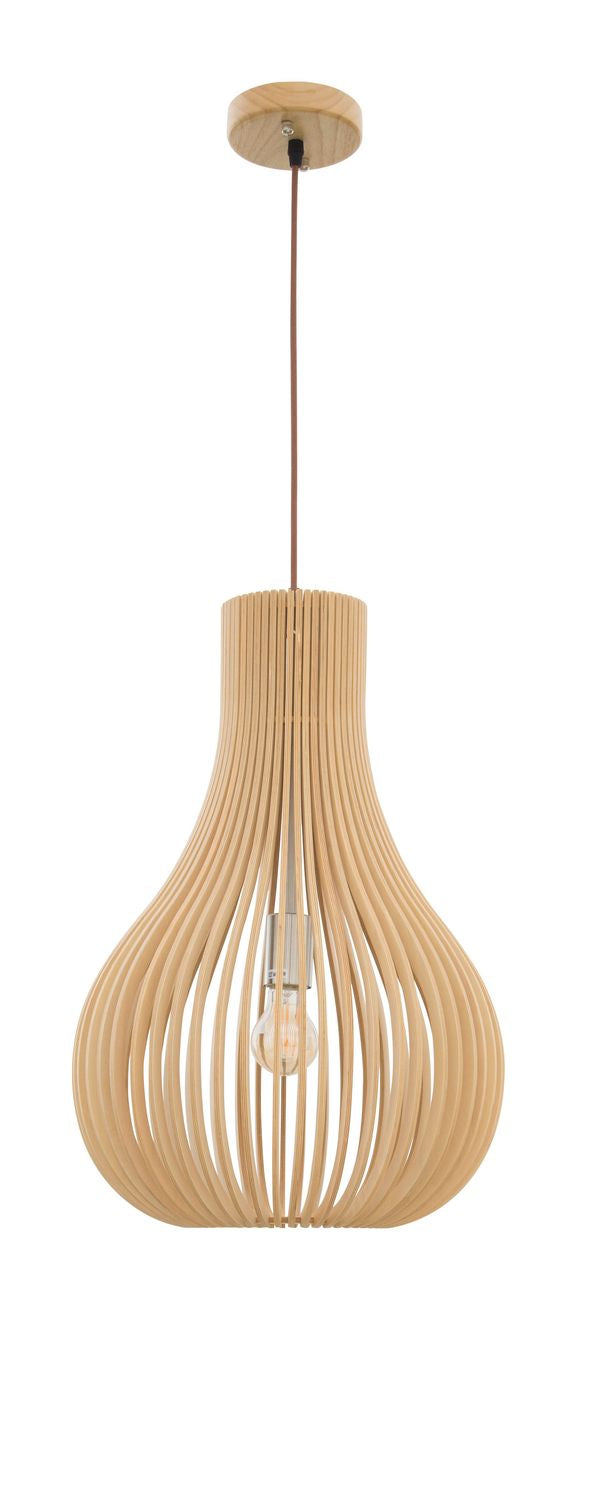 Vue de face du luminaire en lamelles de bois clair avec câble marron
