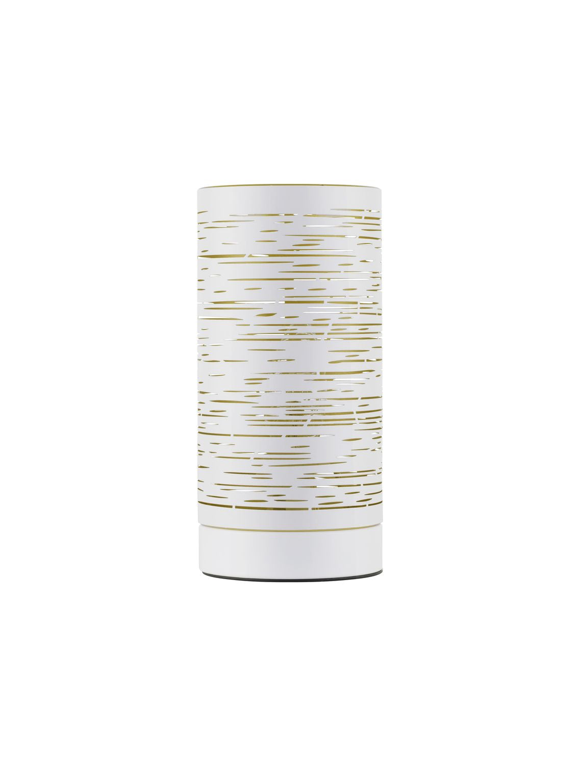 Vue de face du luminaire blanc à motif doré perforé, fond neutre