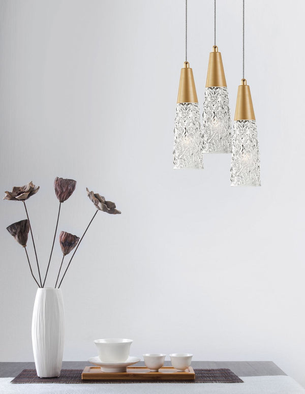 Suspension Kovac 3 lumières dorée, verre