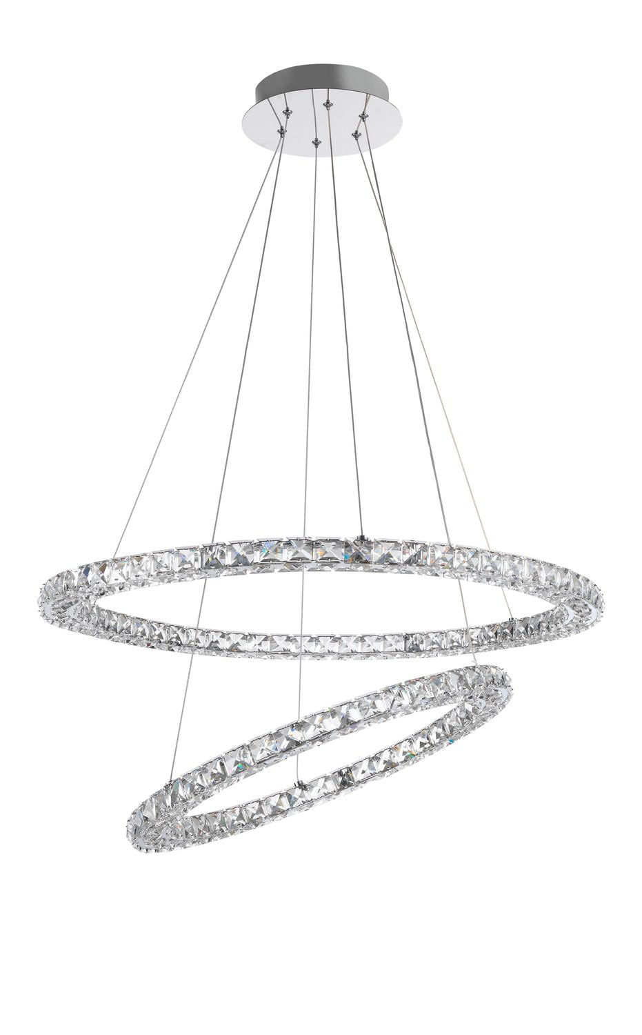 Vue produit fond blanc montrant les deux cercles cristallins croisés suspendus par câbles