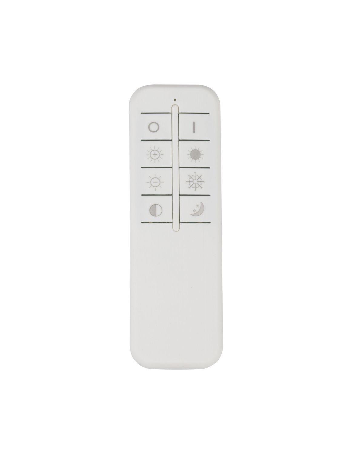 Télécommande blanche vue de face avec boutons d'allumage, intensité et température de couleur