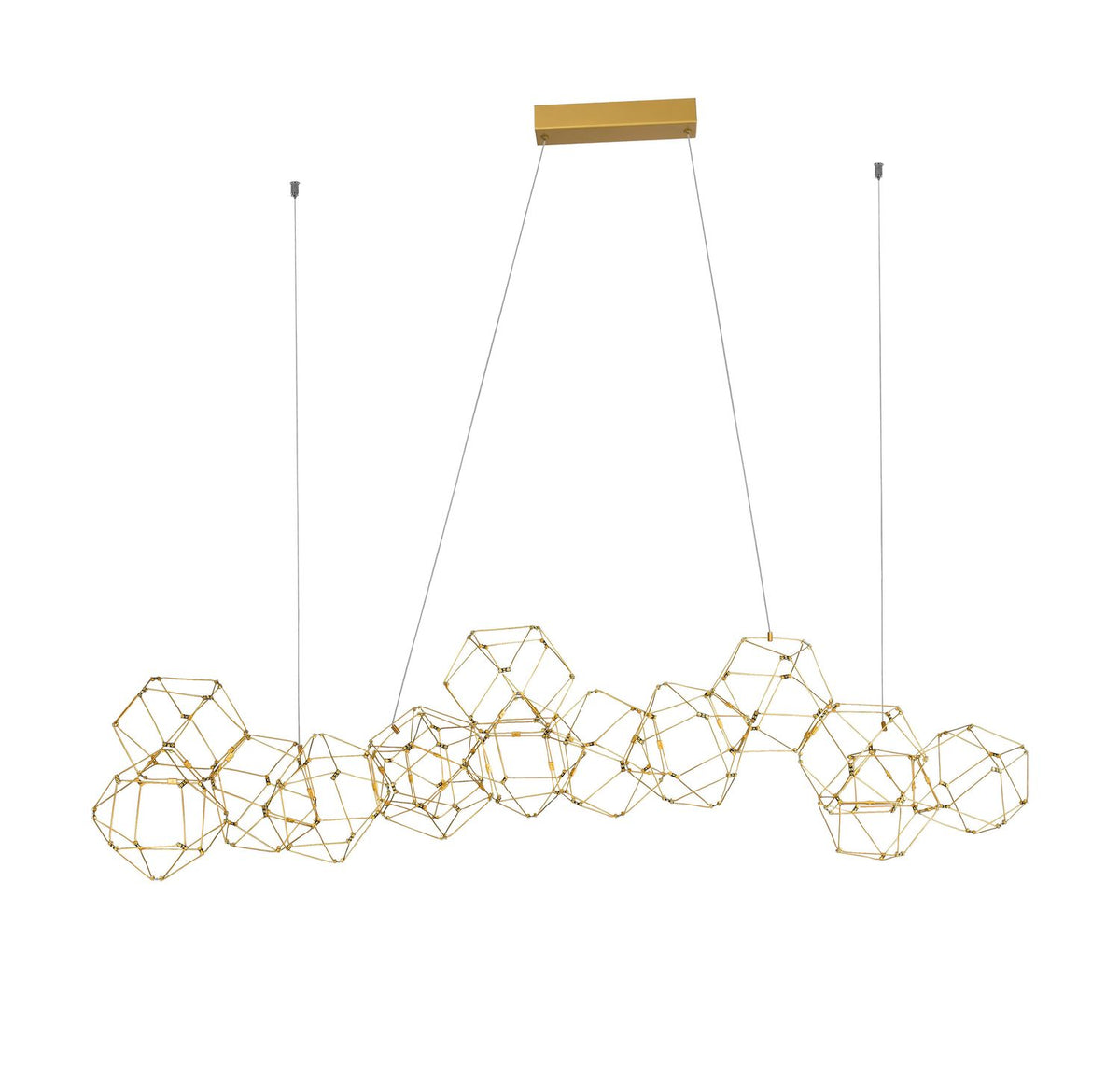 Suspension dorée aux structures géométriques ajourées, vue de face sur fond blanc