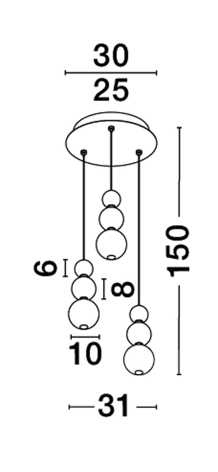 Schéma coté du luminaire avec hauteur et largeurs, indications de dimensions en centimètres
