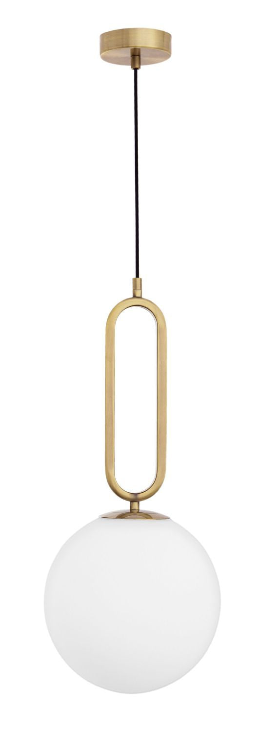 Vue d'ensemble de la suspension avec rosace dorée, câble noir et diffuseur sphérique blanc.