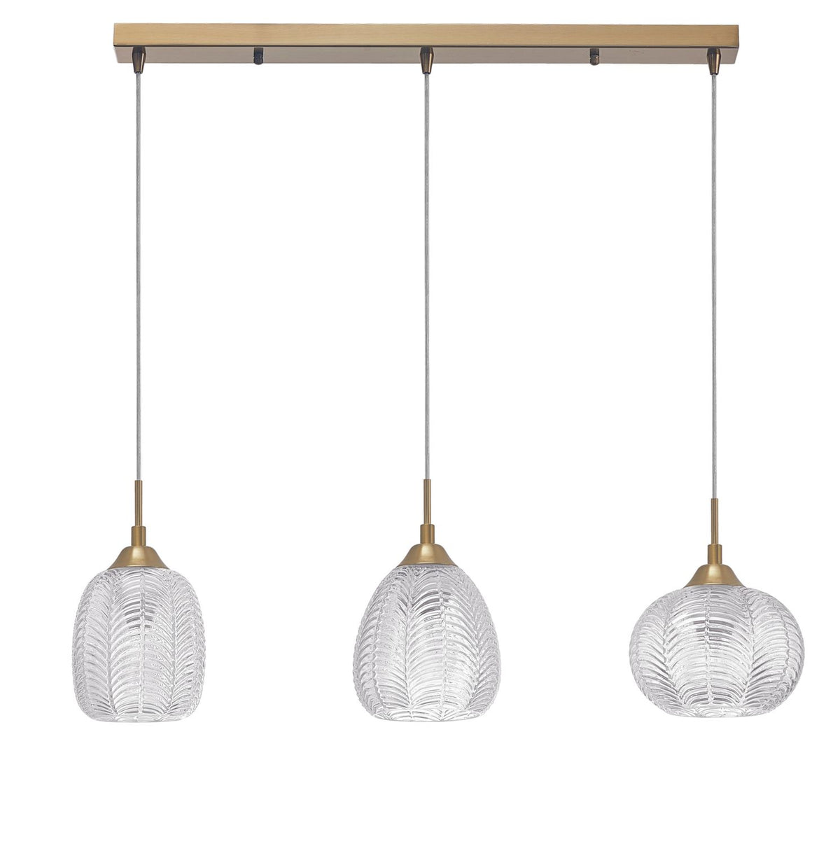 Vue de face du luminaire complet avec sa barre dorée et ses trois suspensions