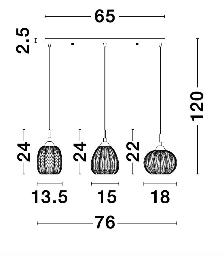 Schéma technique coté présentant les dimensions des abat-jours et hauteurs de suspension
